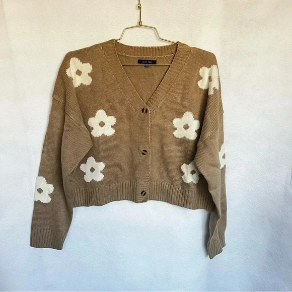 Cardigan Sweater Floral Knitted Oversized Boxsy Waist Length Khaki Brown - Picture 1 of 8